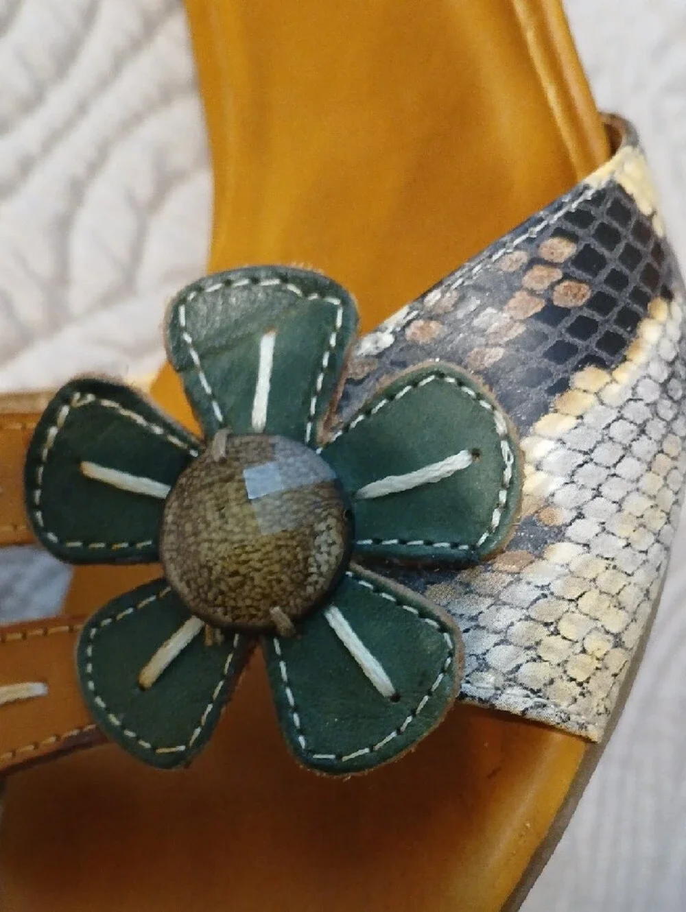 Tan Leather Sandals with Green Floral Accent